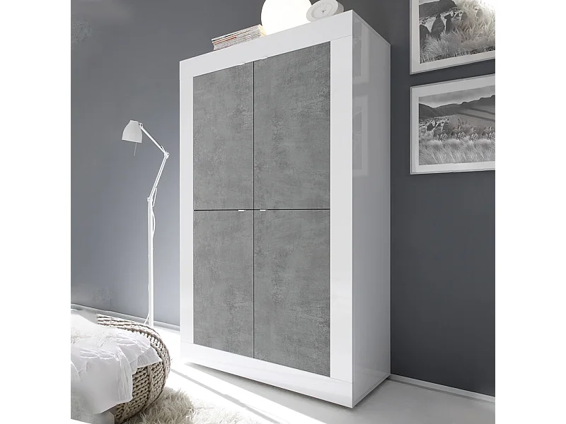 Credenza da zona giorno a quattro ante battenti design moderno 102x162 MCL2 bianco e cemento