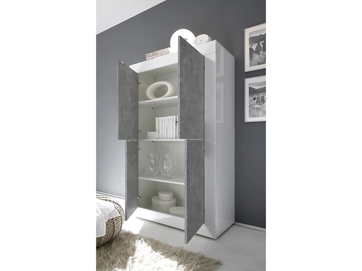 Credenza da zona giorno a quattro ante battenti design moderno 102x162 MCL2 bianco e cemento
