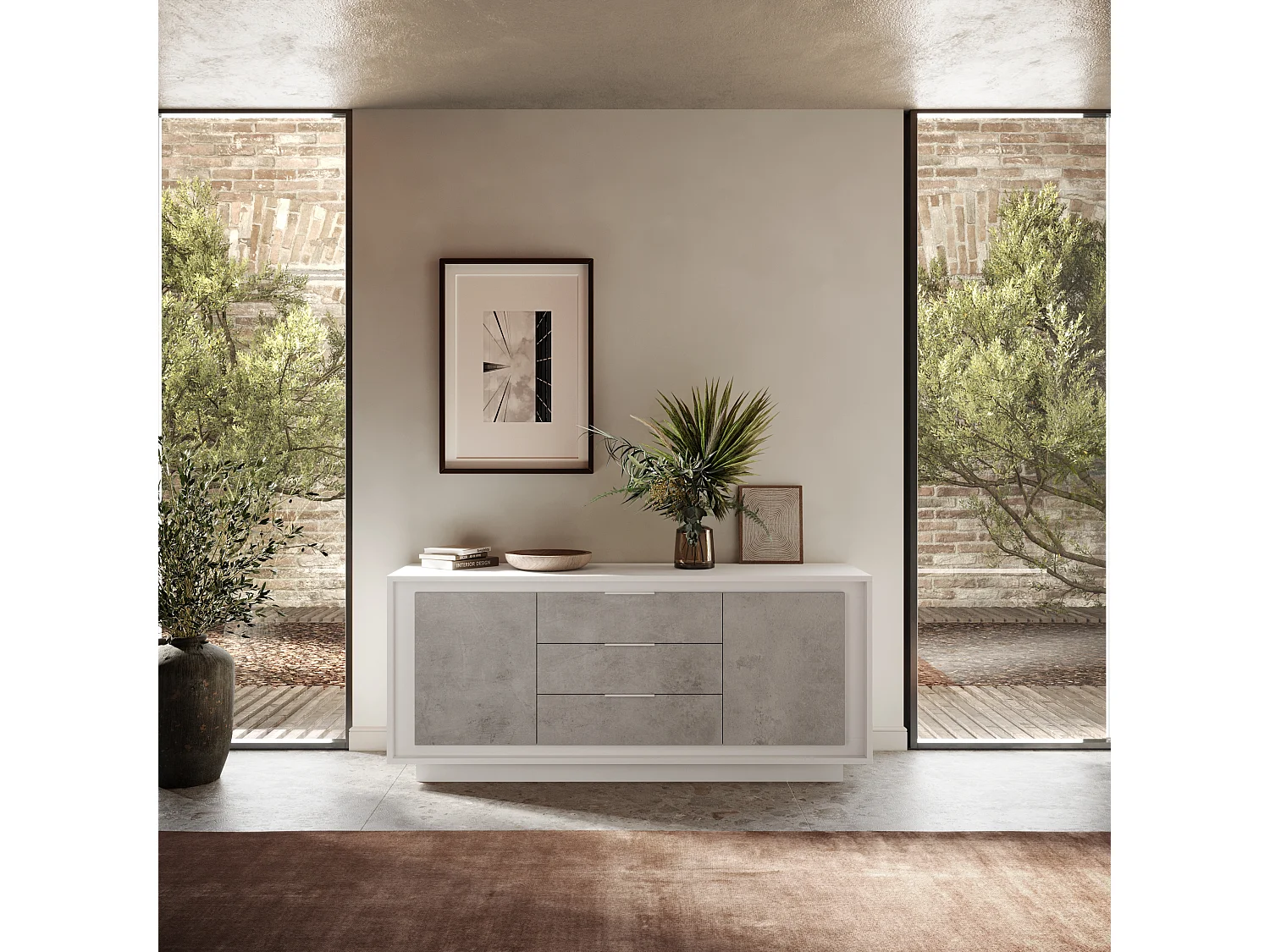 Madia moderna 2 ante 184x80 cm bianco opaco e cemento ML55