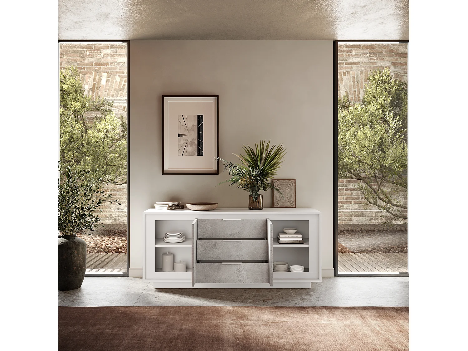 Madia moderna 2 ante 184x80 cm bianco opaco e cemento ML55