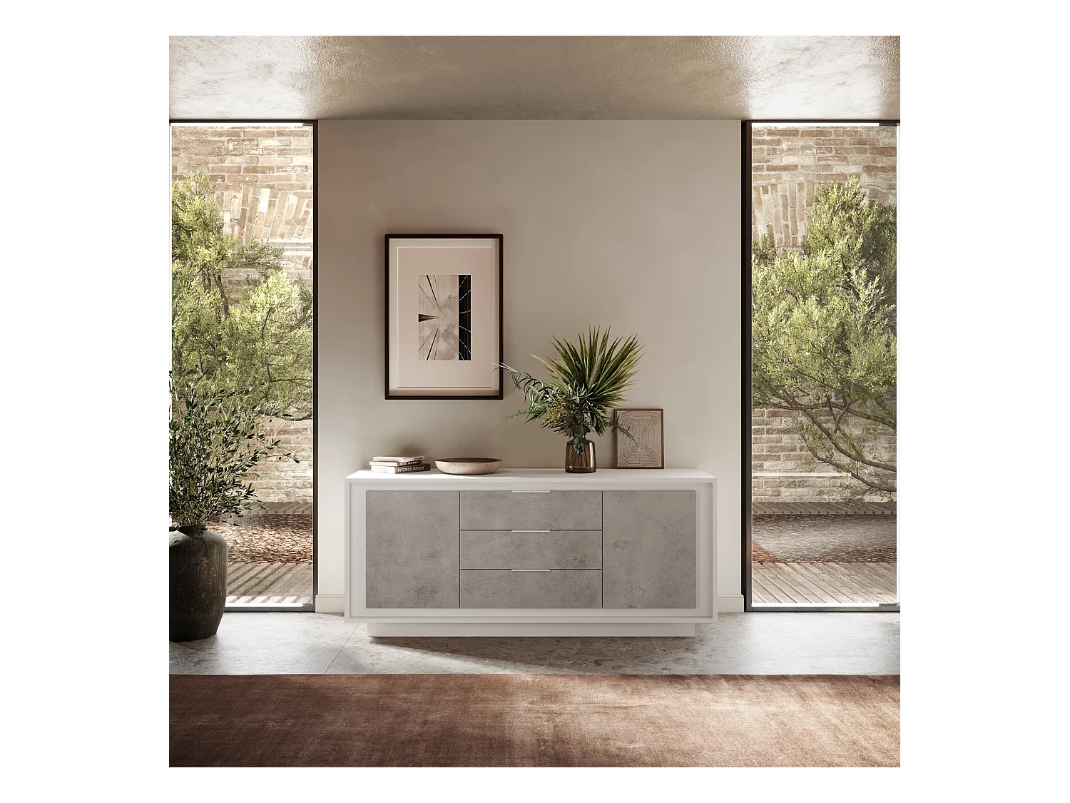 Madia moderna 2 ante 184x80 cm bianco opaco e cemento ML55
