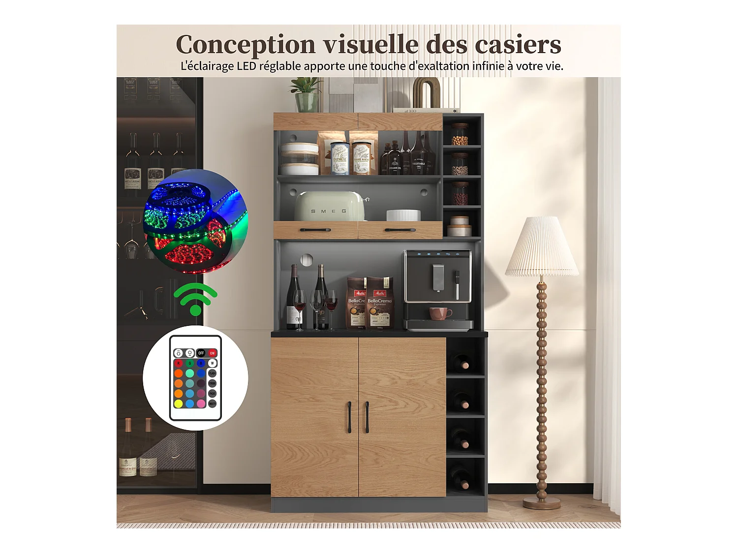 URBAN MEUBLE Vitrine haute noir et effet bois, éclairage LED et portes vitrées