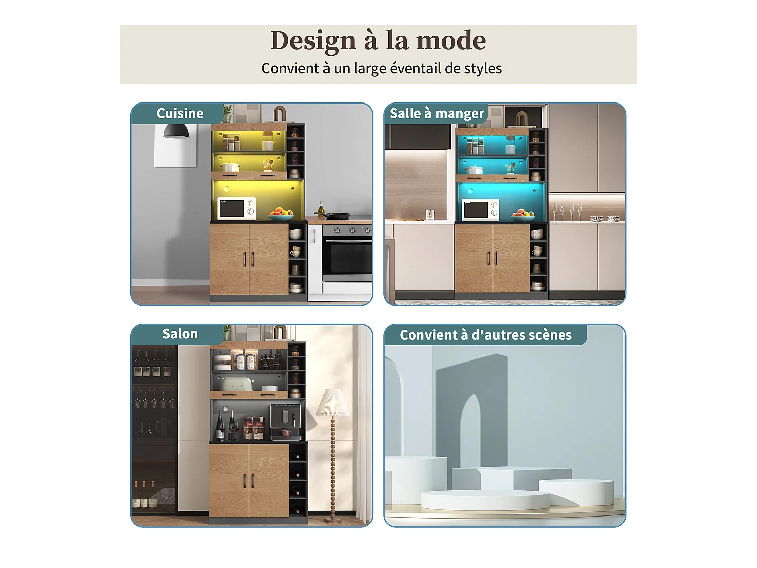 URBAN MEUBLE Vitrine haute noir et effet bois, éclairage LED et portes vitrées