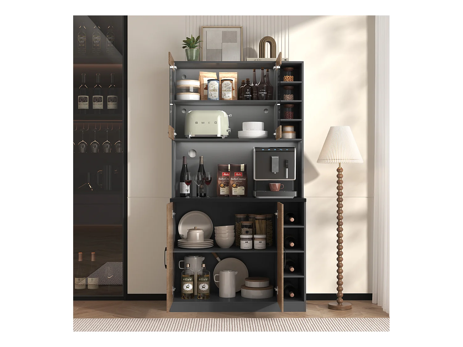 URBAN MEUBLE Vitrine haute noir et effet bois, éclairage LED et portes vitrées