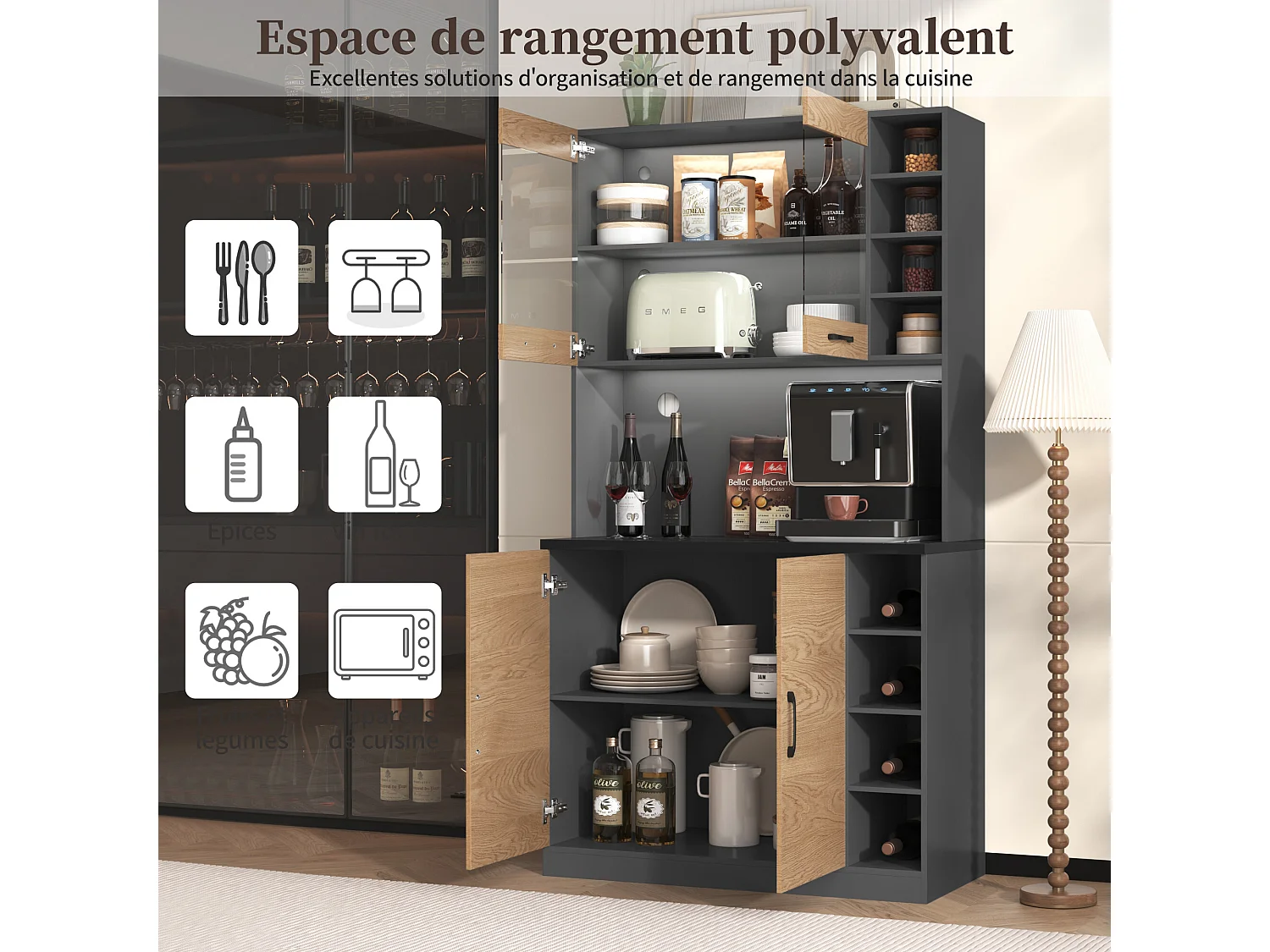 URBAN MEUBLE Vitrine haute noir et effet bois, éclairage LED et portes vitrées