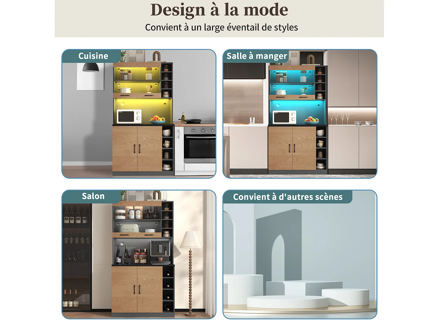 URBAN MEUBLE Vitrine haute noir et effet bois, éclairage LED et portes vitrées