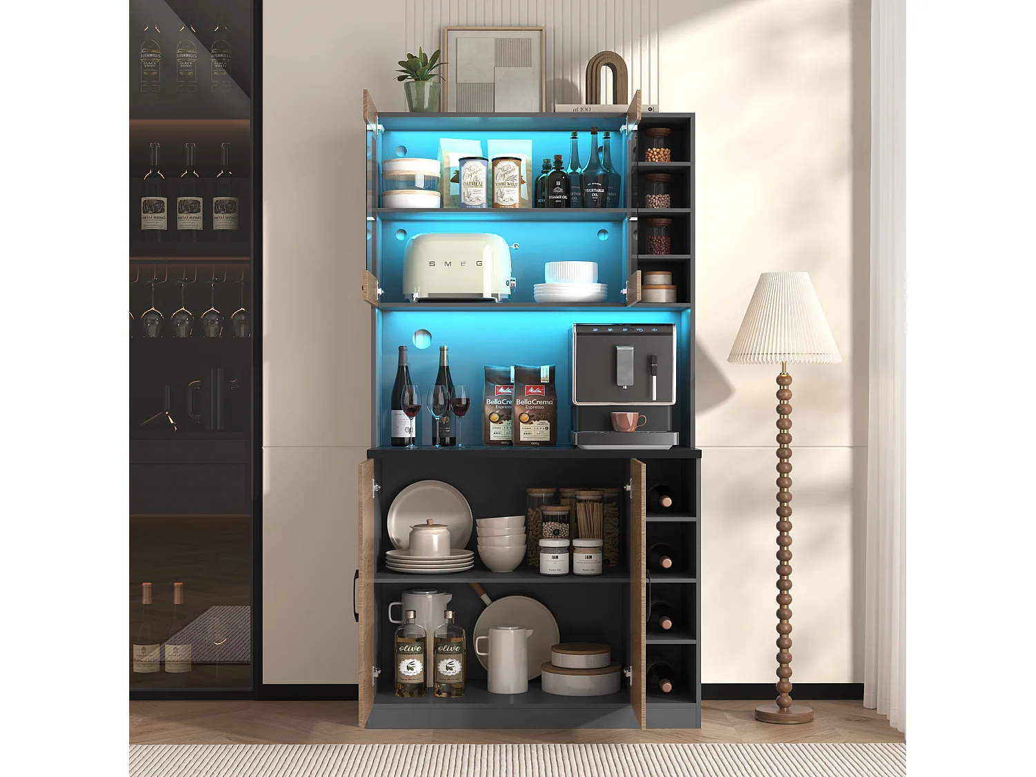 URBAN MEUBLE Vitrine haute noir et effet bois, éclairage LED et portes vitrées