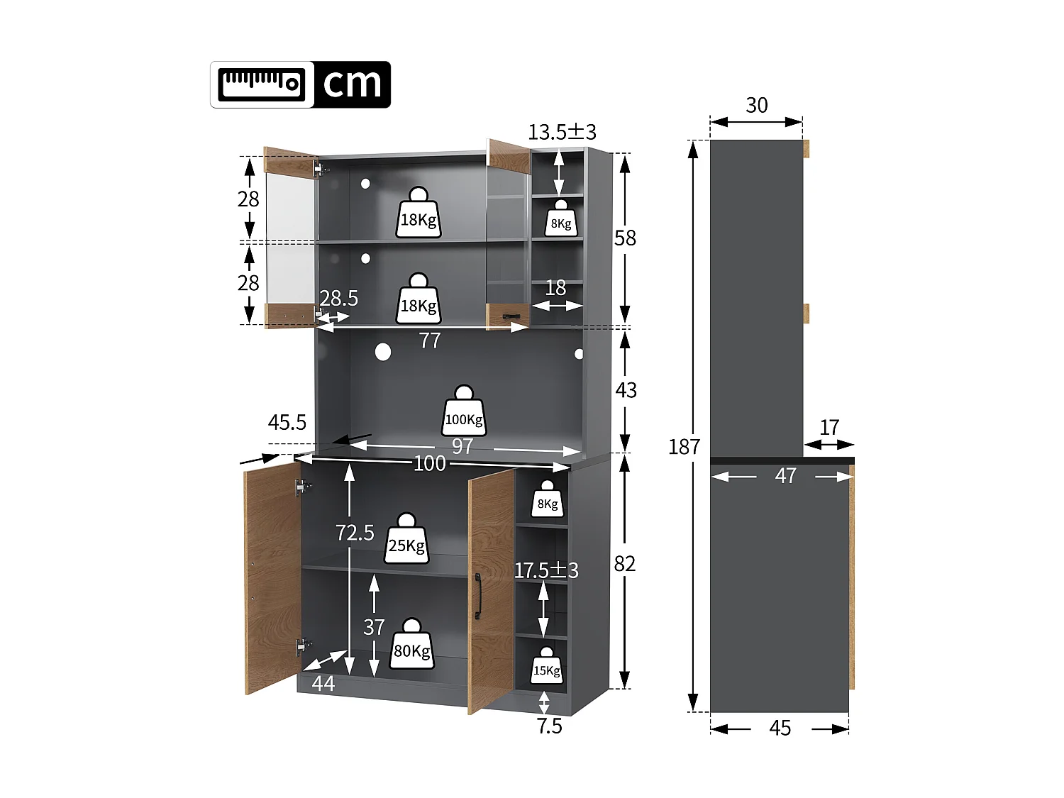 URBAN MEUBLE Vitrine haute noir et effet bois, éclairage LED et portes vitrées
