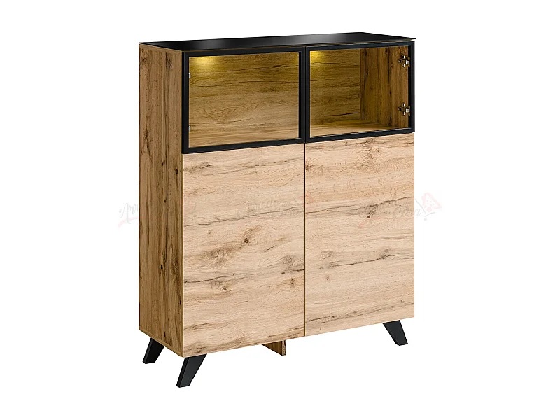 Madia design moderno effetto legno per sala con vetrine superiori illuminate 100x123 rovere MP17