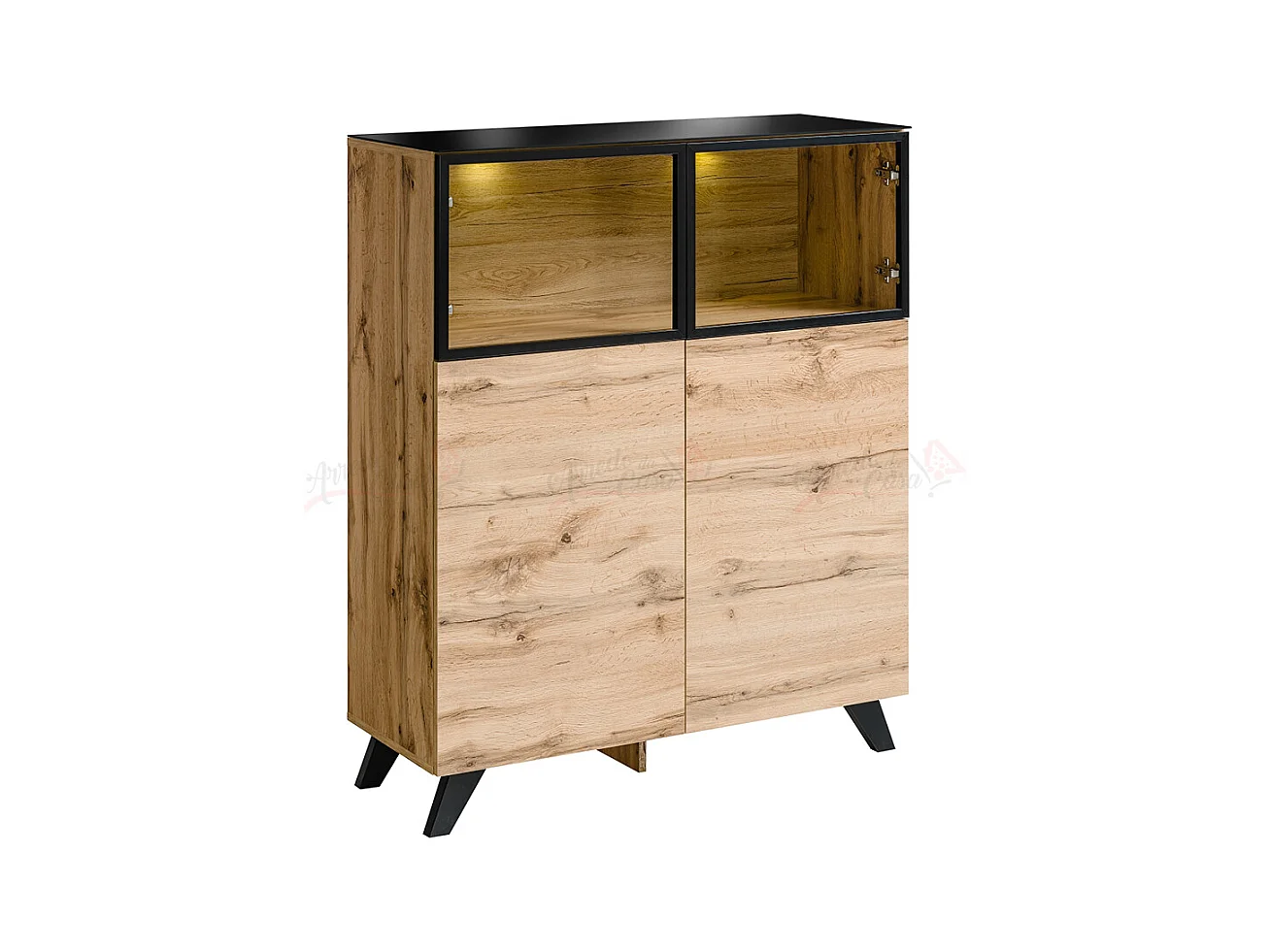 Madia design moderno effetto legno per sala con vetrine superiori illuminate 100x123 rovere MP17