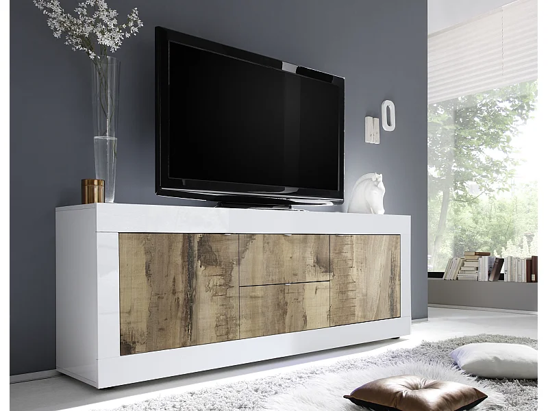 Madia da soggiorno con due ante e due cassetti design effetto legno 210x66 ML6 bianco e pero