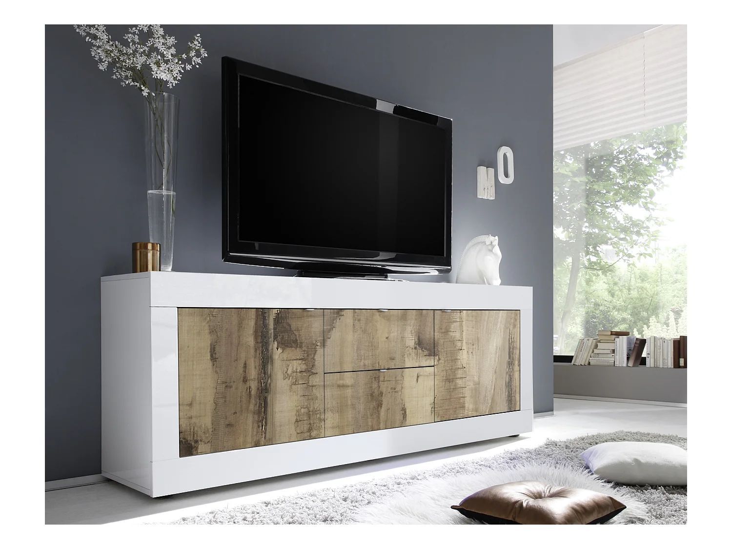 Madia da soggiorno con due ante e due cassetti design effetto legno 210x66 ML6 bianco e pero