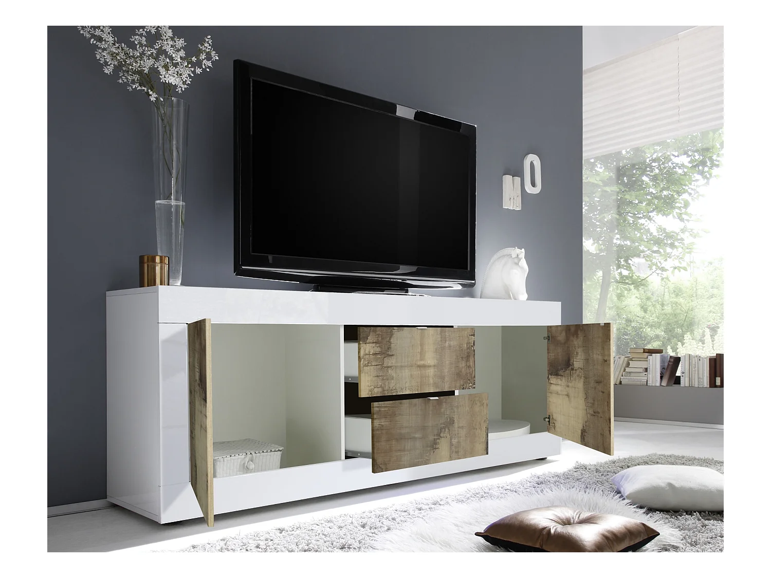 Madia da soggiorno con due ante e due cassetti design effetto legno 210x66 ML6 bianco e pero