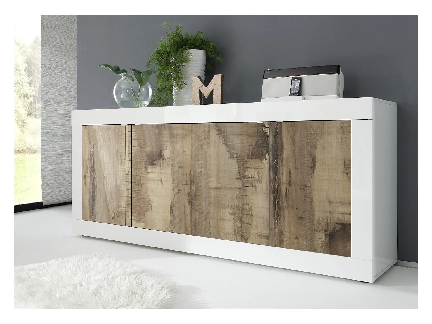 Madia moderna a quattro ante da soggiorno design effetto legno207x86 bianco e pero ML4