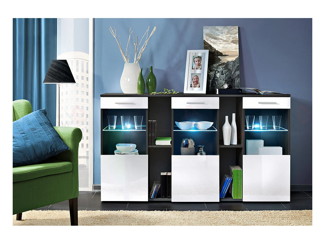 Madia per soggiorno design moderno con tre ante in vetro illuminate a LED 160x92 nero e bianco lucido MP6