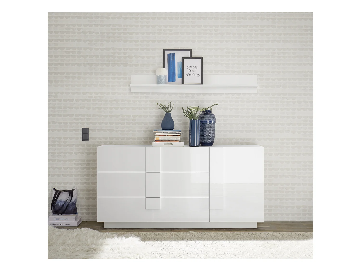 Madia moderna per zona giorno con tre cassetti e anta singola 181x90 ML26 bianco lucido