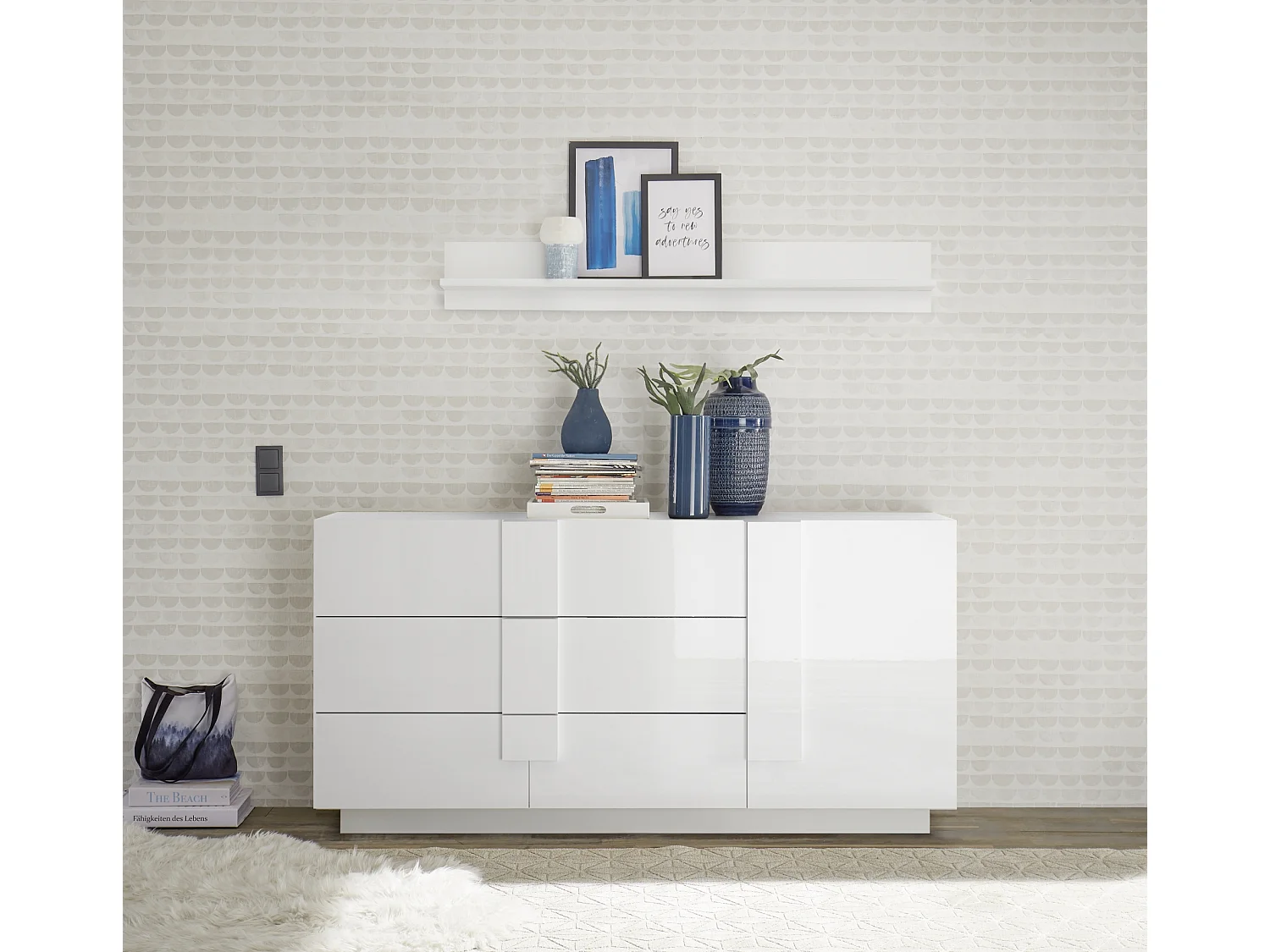 Madia moderna per zona giorno con tre cassetti e anta singola 181x90 ML26 bianco lucido