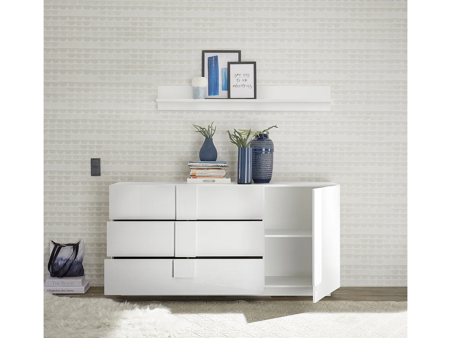 Madia moderna per zona giorno con tre cassetti e anta singola 181x90 ML26 bianco lucido