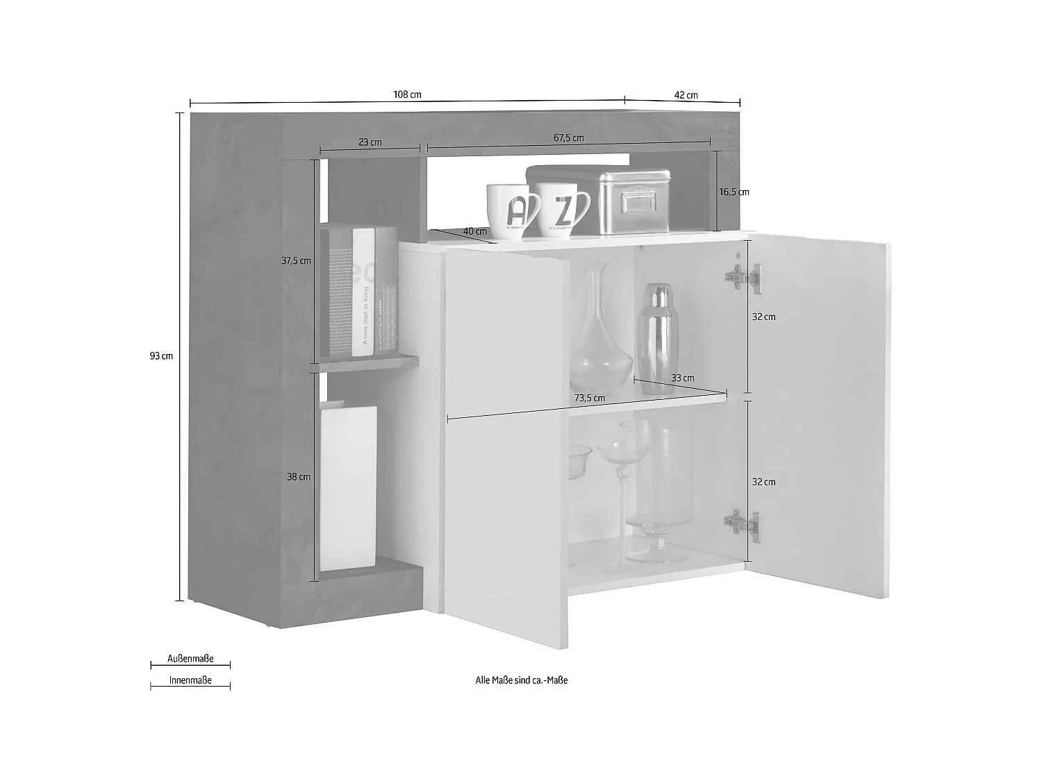 Madia piccola design moderno con due ante battenti e ripiano da living 108x93 ML20 bianco e pero