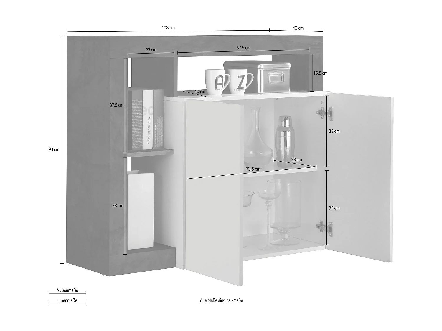 Madia piccola design moderno con due ante battenti e ripiano da living 108x93 ML20 bianco e pero