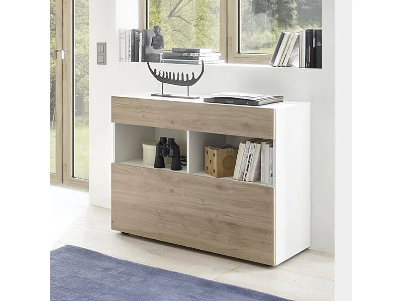 Madia design moderno con un cassetto e un’anta a ribalta da soggiorno 110x82 ML43 bianco e rovere cadiz