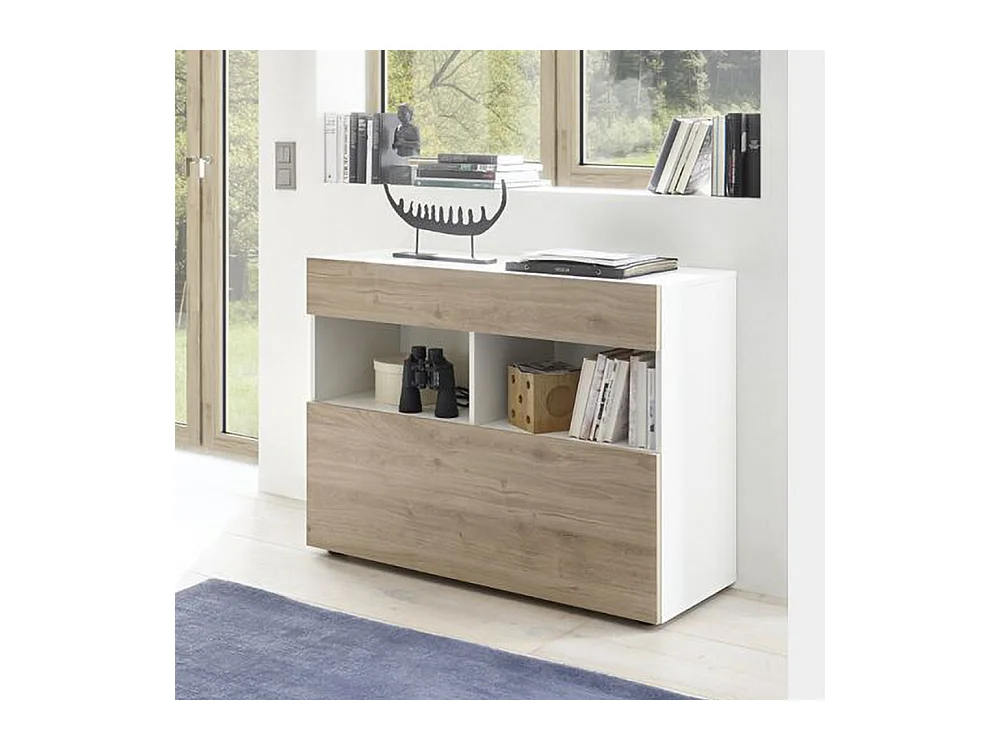 Madia design moderno con un cassetto e un’anta a ribalta da soggiorno 110x82 ML43 bianco e rovere cadiz