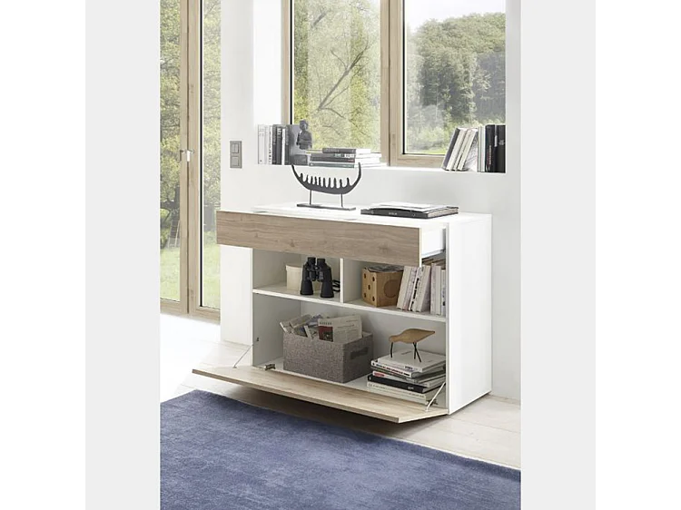 Madia design moderno con un cassetto e un’anta a ribalta da soggiorno 110x82 ML43 bianco e rovere cadiz