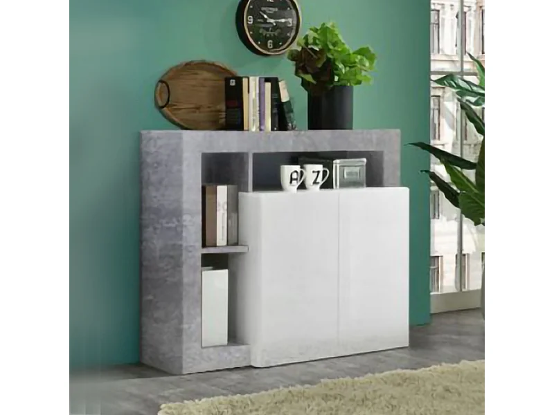 Madia piccola design moderno con due ante battenti e ripiano da living 108x93 ML20 bianco e cemento