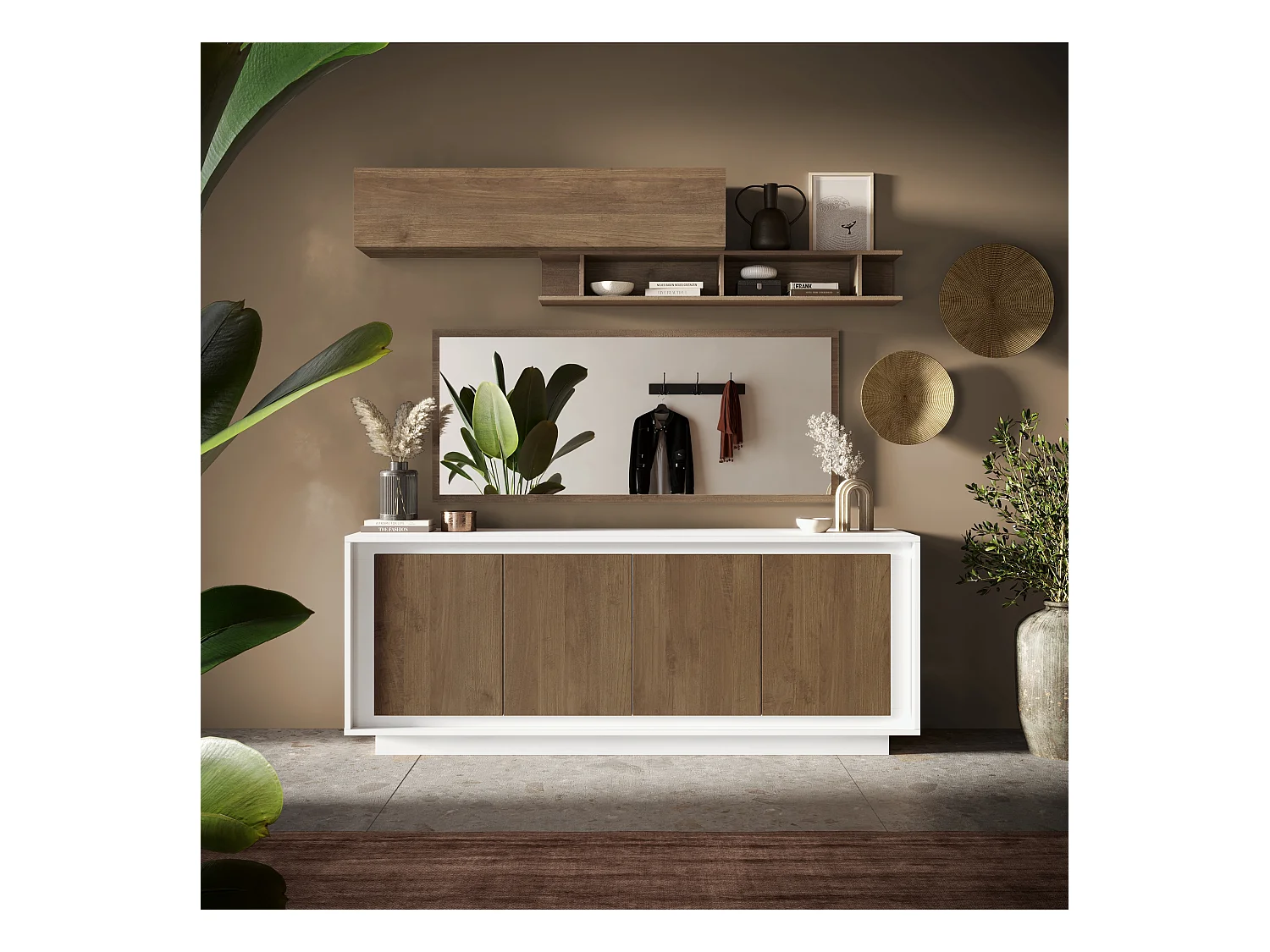 Madia moderna a 4 ante 207x80 cm bianco opaco e rovere scuro ML56