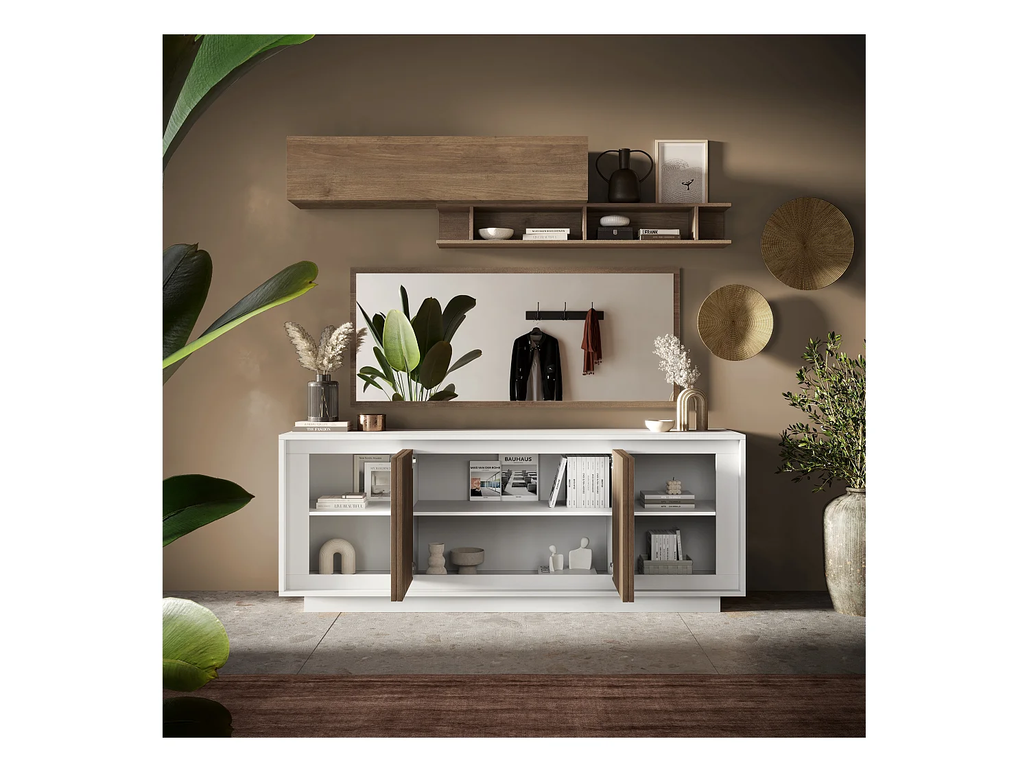 Madia moderna a 4 ante 207x80 cm bianco opaco e rovere scuro ML56