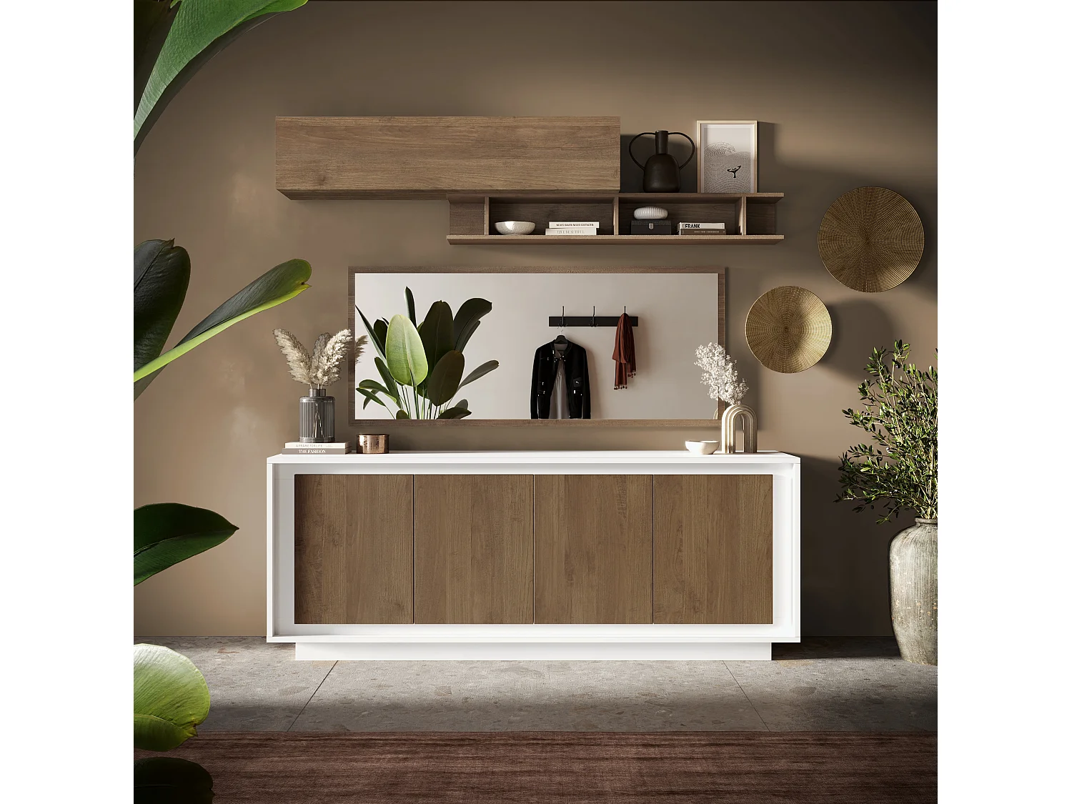 Madia moderna a 4 ante 207x80 cm bianco opaco e rovere scuro ML56