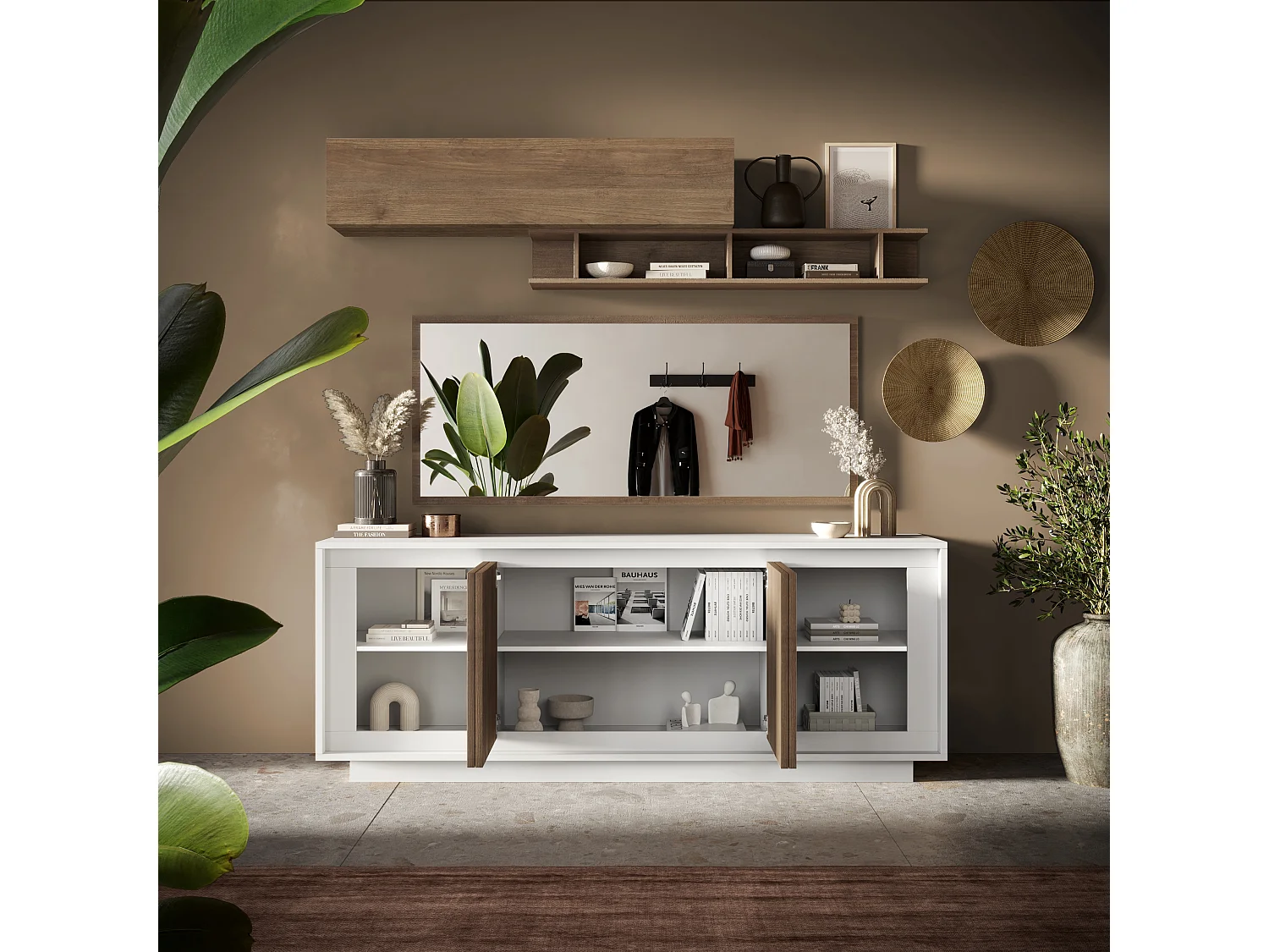 Madia moderna a 4 ante 207x80 cm bianco opaco e rovere scuro ML56