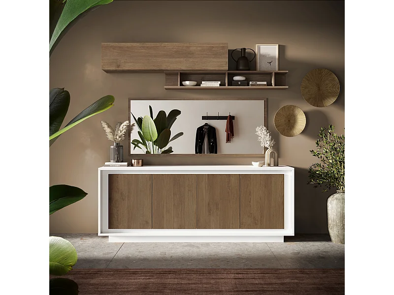 Madia moderna a 4 ante 207x80 cm bianco opaco e rovere scuro ML56