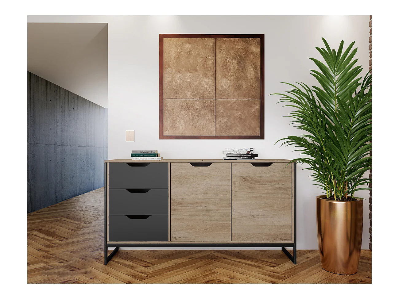 Madia moderna design effetto legno con tre cassetti MI19 160x80 antracite e rovere chiaro