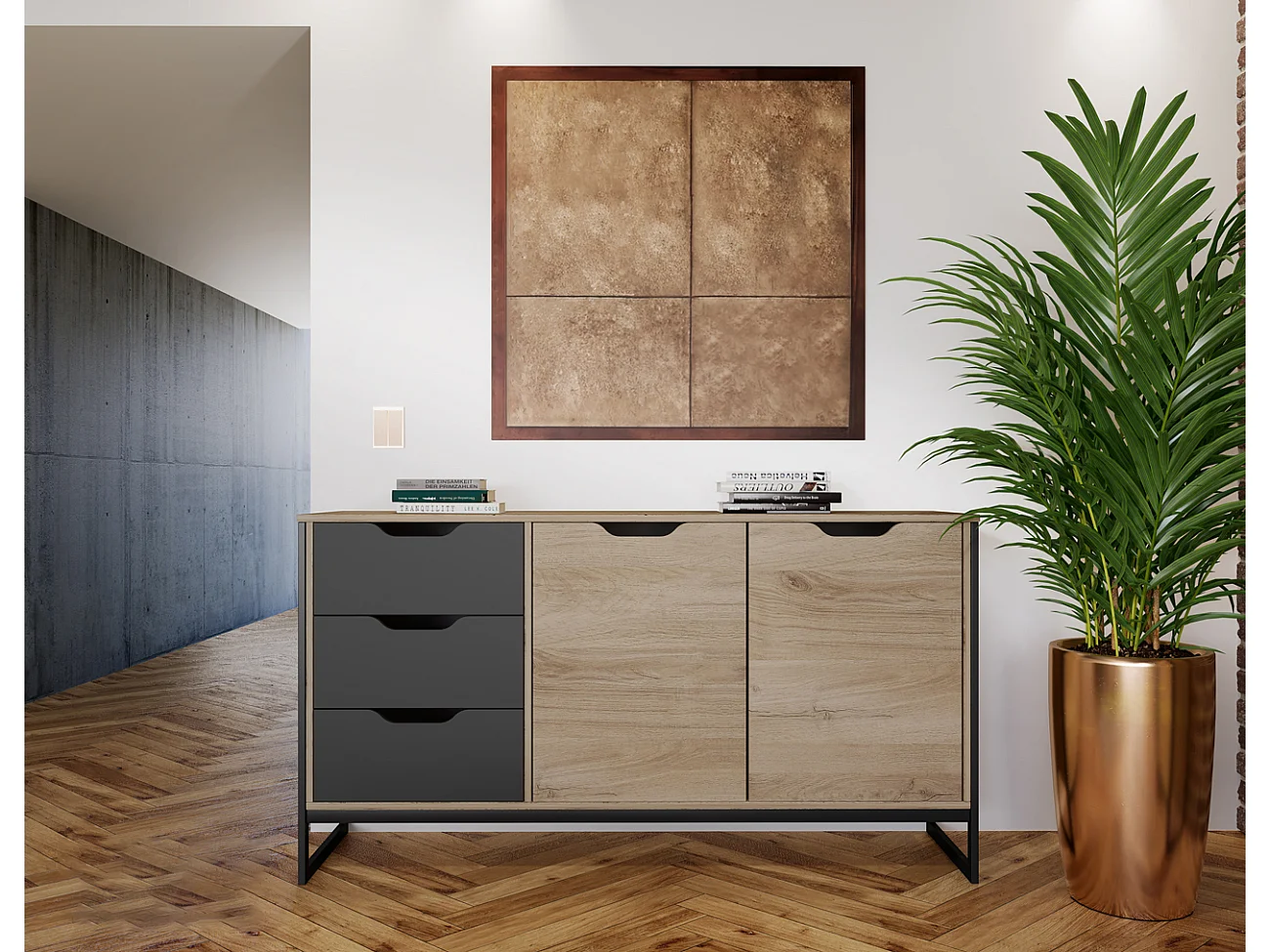 Madia moderna design effetto legno con tre cassetti MI19 160x80 antracite e rovere chiaro