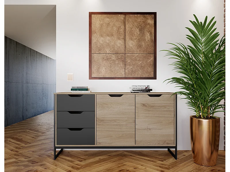 Madia moderna design effetto legno con tre cassetti MI19 160x80 antracite e rovere chiaro