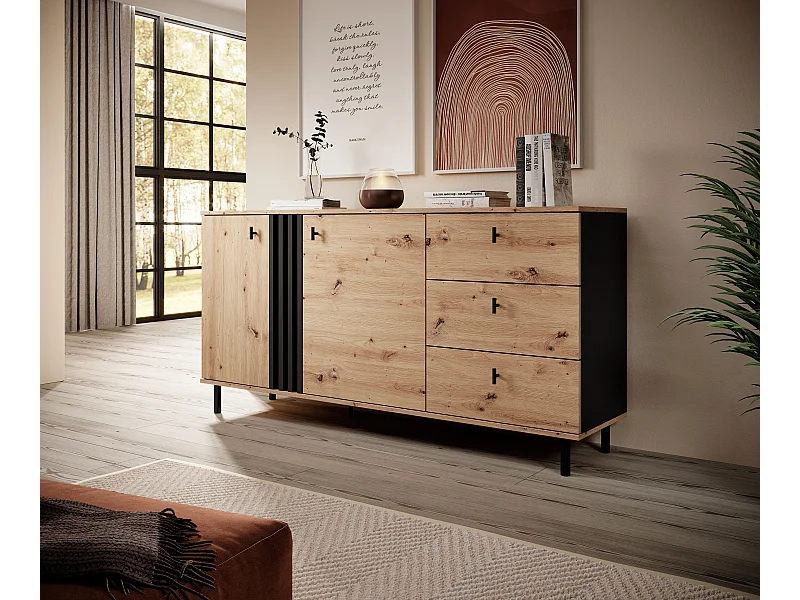 Madia moderna 165x82cm con 2 ante e 3 cassetti marrone e nero MALK25