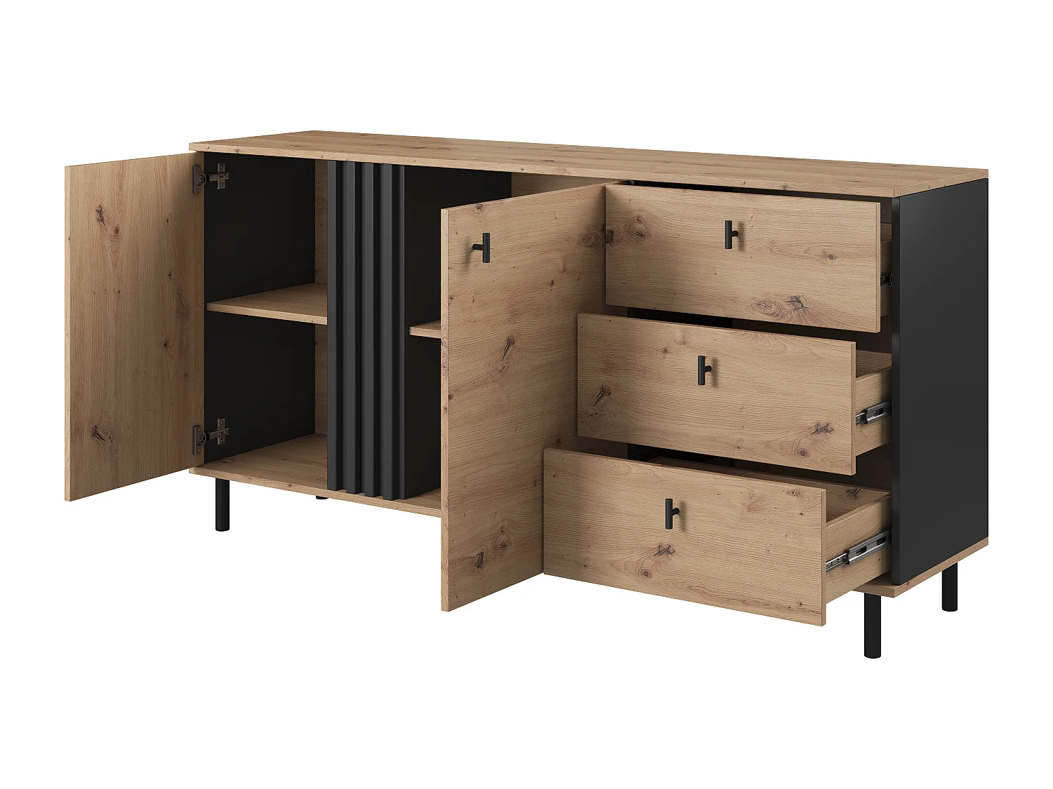 Madia moderna 165x82cm con 2 ante e 3 cassetti marrone e nero MALK25