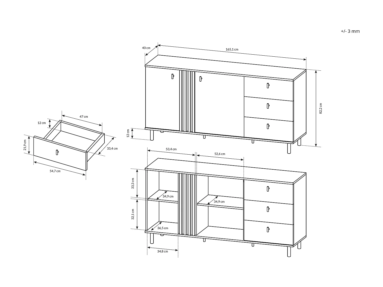 Madia moderna 165x82cm con 2 ante e 3 cassetti marrone e nero MALK25