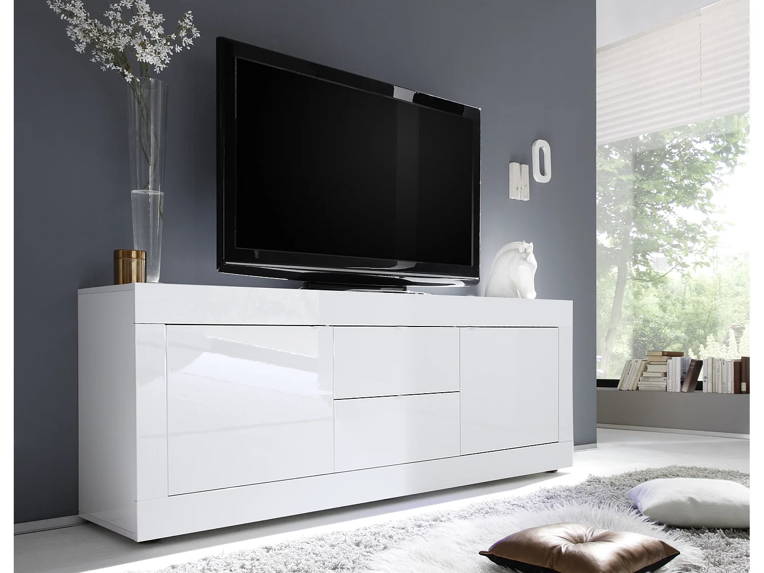 Madia da soggiorno con due ante e due cassetti design moderno 210x66 ML6 bianco lucido