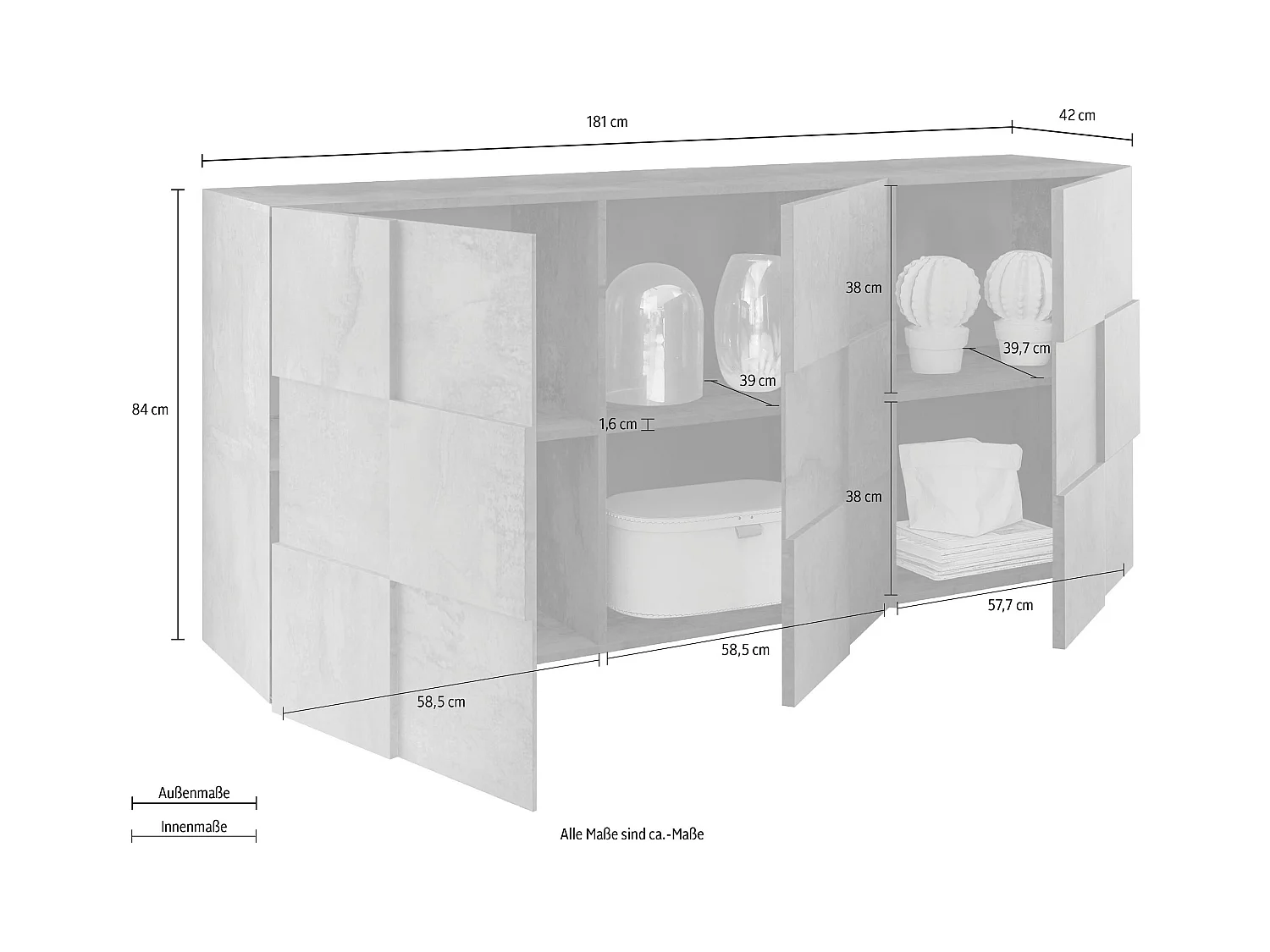 Madia da soggiorno con frontale geometrico a tre ante battenti 181x84 ML10 grigio lucido