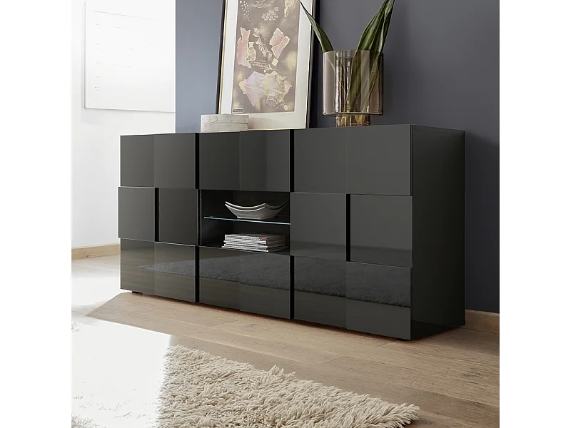 Madia con frontale geometrico due ante e due cassetti per soggiorno 181x84 ML9 grigio lucido