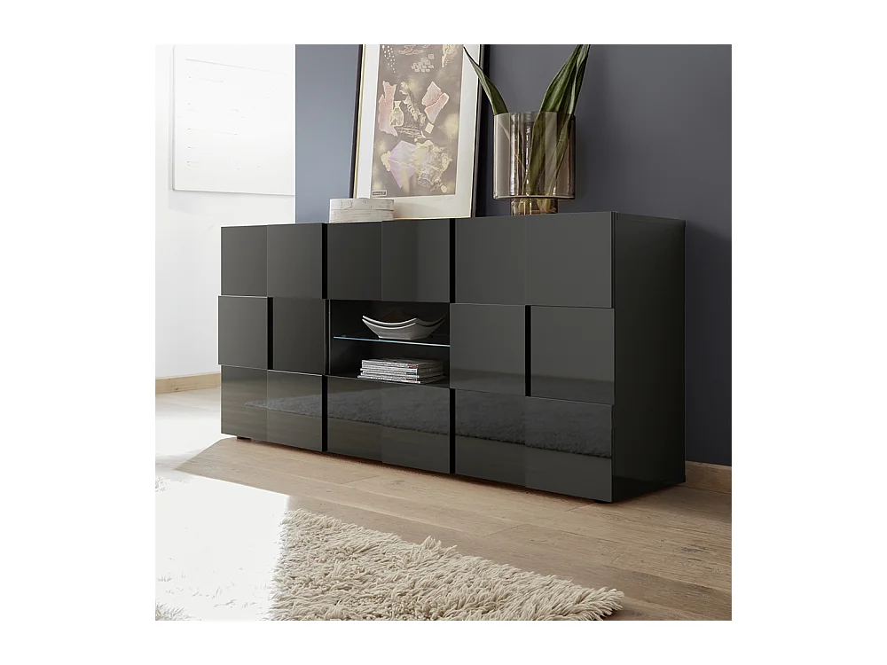 Madia con frontale geometrico due ante e due cassetti per soggiorno 181x84 ML9 grigio lucido