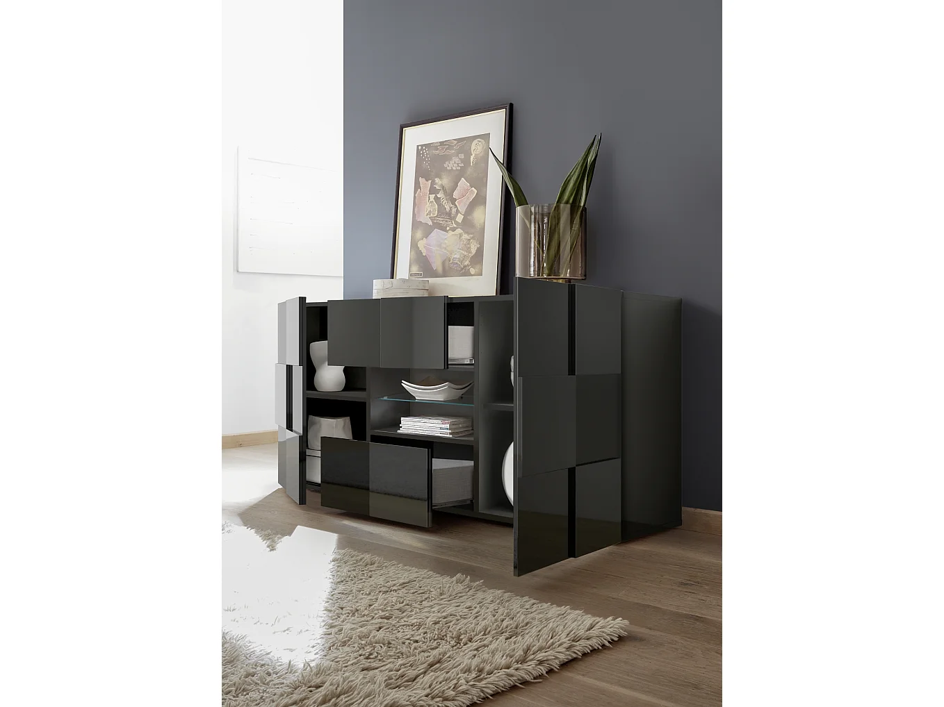 Madia con frontale geometrico due ante e due cassetti per soggiorno 181x84 ML9 grigio lucido