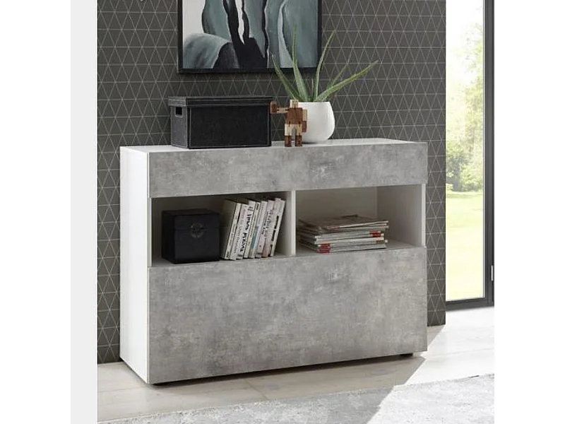 Madia design moderno con un cassetto e un’anta a ribalta da soggiorno 110x82 ML43 bianco e cemento