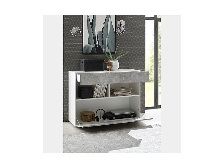 Madia design moderno con un cassetto e un’anta a ribalta da soggiorno 110x82 ML43 bianco e cemento