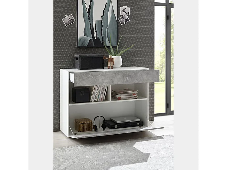 Madia design moderno con un cassetto e un’anta a ribalta da soggiorno 110x82 ML43 bianco e cemento