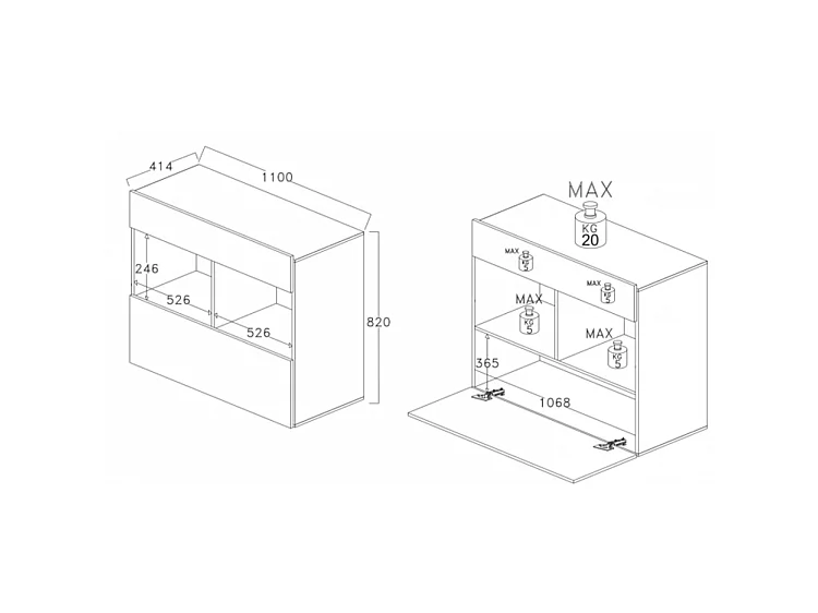 Madia design moderno con un cassetto e un’anta a ribalta da soggiorno 110x82 ML43 bianco e cemento