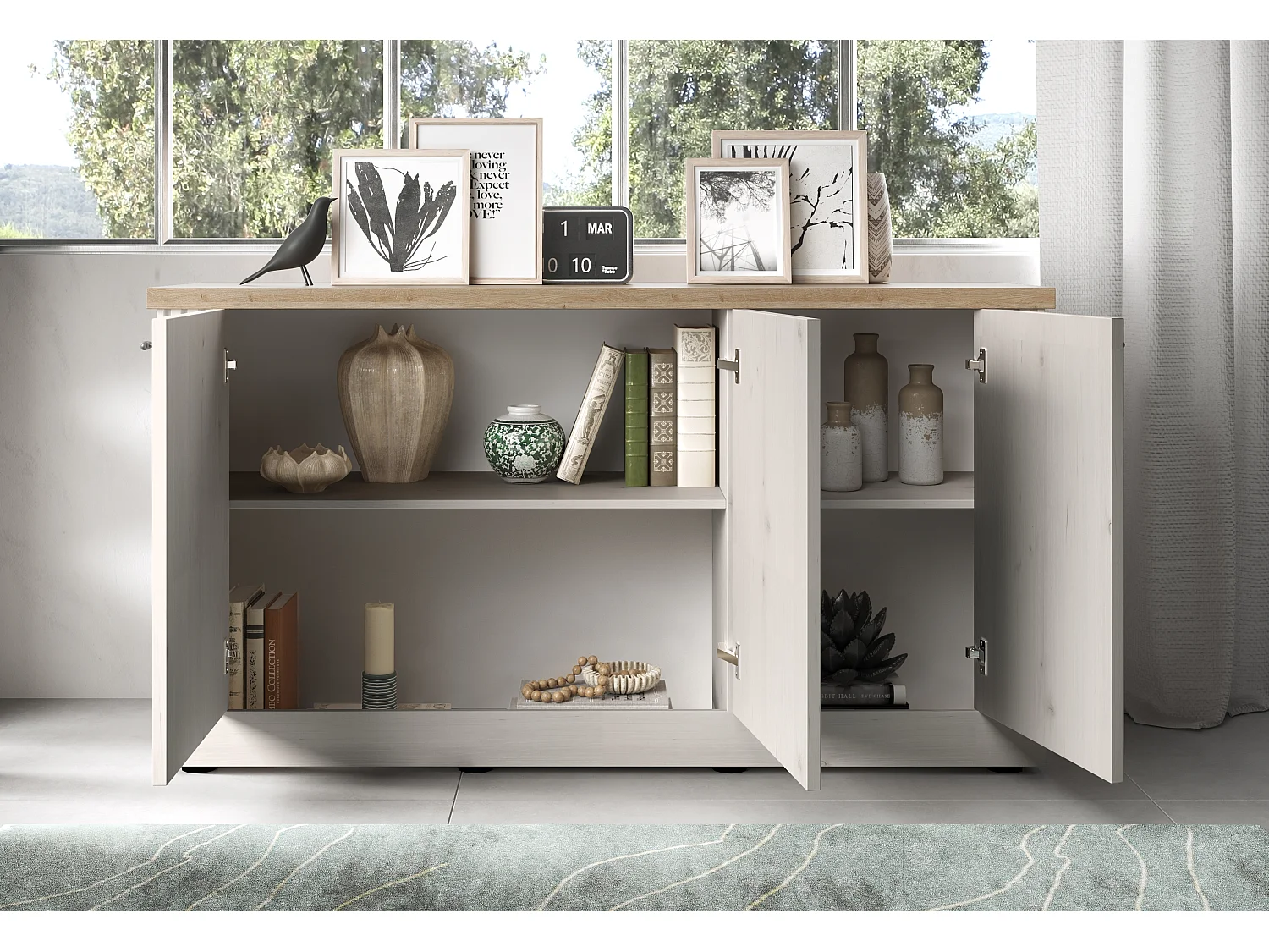 Madia moderna 3 ante 164x88 cm bianco effetto legno e rovere ML58