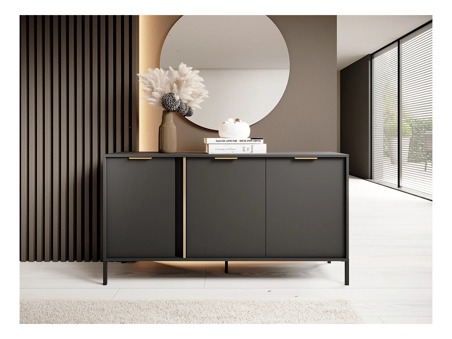 Madia moderna 153x81cm con 3 ante antracite con dettagli oro MALK12